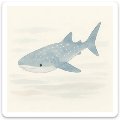 watercolor illustration of a whale shark, soft blue and gray tones, gentle expression, ocean background, artistic brushstrokes sticker