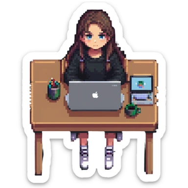 girl sitting at a desk with a MacBook, face partially hidden, cozy workspace, pixel art style sticker