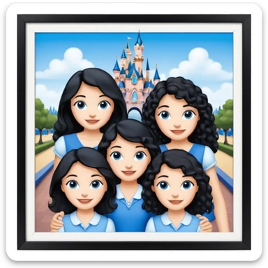 escribe el nombre Disneyland Paris y para titulo, pon a quatro chicas: una pelo corto negro, una pelo rizado largo, una pelo largo liso y la otra pelo ondulado mediano, esta con el ojos azules. Haz un cuadrado rectangular grande en grande blanco y por los lados pon a las chicas que te he descrito sticker