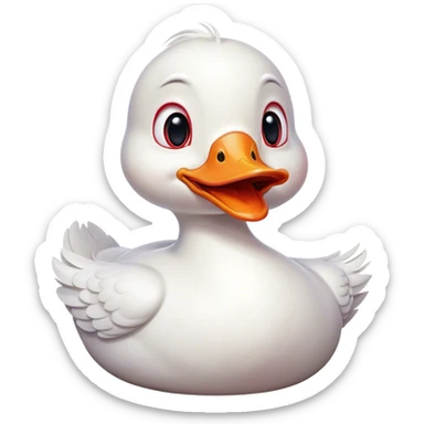Cinematic Comical White Duck Portrait Emoji, Head tilted dramatically with an exaggeratedly amused expression, featuring a striking, glossy white plumage with a quirky red bill, wide, expressive eyes filled with playful disbelief, Simplified yet hilariously expressive features, highly detailed, glowing with a slightly sassy glow, high shine, dramatic yet playful, stylized with an air of cheeky mischief, bright and endearing, soft glowing outline, capturing the essence of a spirited and over-the-top duck, so meme-worthy it feels like it could quack its way into internet fame instantly! sticker