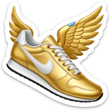 Gold low top track shoe with one white wing coming off back of shoe sticker