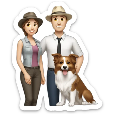 white family group of two consisting of man in hat and woman with ponytail long hair and small border collie dog sticker