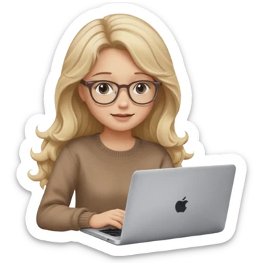 blonde girl with long dark blonde wavy hair, pantos-style glasses, a brown sweater, sitting with a laptop, looking in laptop, soft pastel, upper body shot sticker