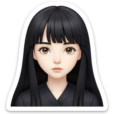 a very pale white feminine girl with long black hair with bangs with big light brown eyes looking like a porcelain doll with black clothes sticker