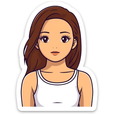 beautiful girl, long straight brown hair, brown eyes with lashes, wearing a white crop top, tan skin sticker