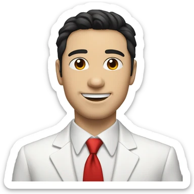 a white guy with black hair with a white suit with a red tie named joe hawley sticker
