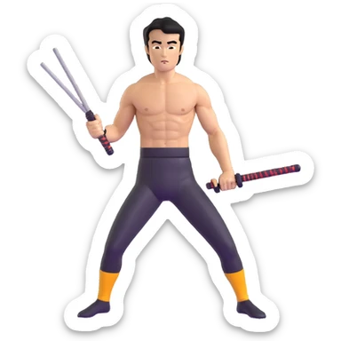 Bruce Lee with nunchaku, martial arts pose, shirtless with toned muscles sticker