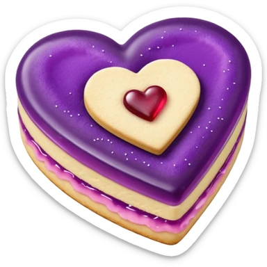 Realistic shortbread cookie in the shape of a heart with violet jelly middle filling and sprinkled powder sugar on top. sticker