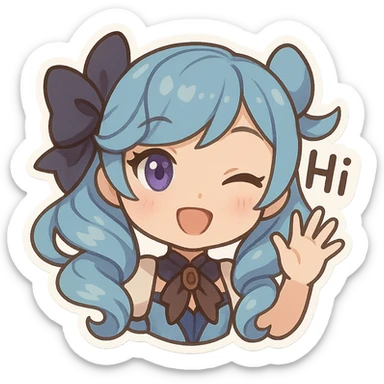 Gwen from League of Legends, chibi style, only head, hi emote, right eye purple, sample 4 sticker