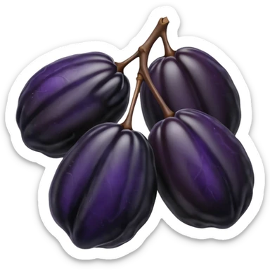 two glossy dried prunes with deep black-purple skin, richly wrinkled shiny surface, oval and slightly irregular shape, soft folds, tender and sticky look, no pit, branch, or garnish, soft lighting, subtle shadows, emoji scale sticker