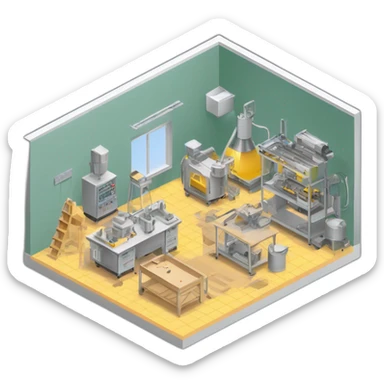 isometric square transparent solid outline border containing indoor creative workshop handmade factory 3 people actively working cnc machine tools vacuum simple clean industrial sticker