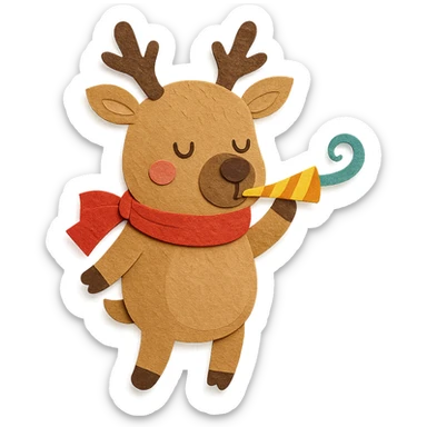 deer with ribbon scarf holding birthday horn in paper-craft style sticker