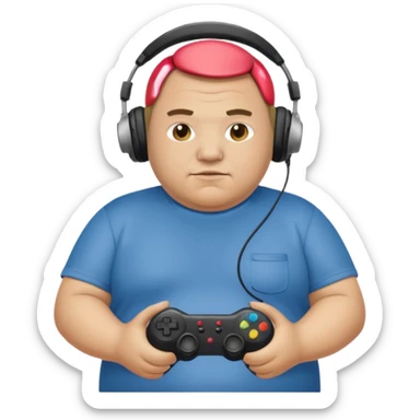 Really fat man with headphones and a T shirt with a controller on it sticker