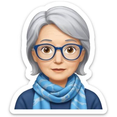 Older woman, shoulder length gray hair, wearing a scarf tied around hair, marbled blue rectangular glasses  sticker
