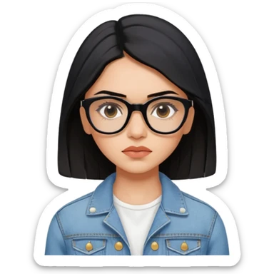 generate a pretty bratz emoji 
Make her wear a white dress with a denim jacket over it. black hair side part 

She should look exactly  like Deepika padukone! wearing tiny rectangular spectacle, looking sad sticker