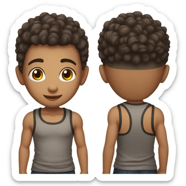 Boy with shaved hair on the sides and curly hair on top, dark brown eyes, wearing tank top sticker