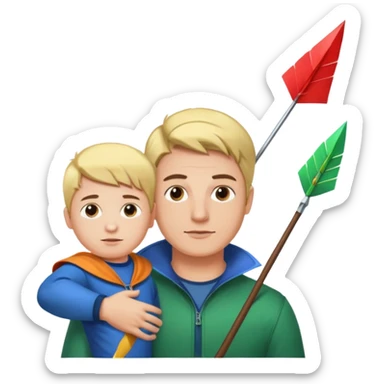 man with his kid and an arrow above the man's head, bright colors sticker