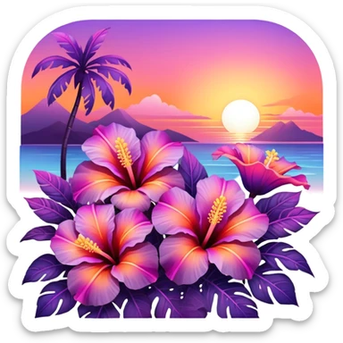 Iridescent tropical exotic beautiful pretty Purple pink and orange gradient hibiscuses sunset sunrise full scenery aesthetic deco sticker