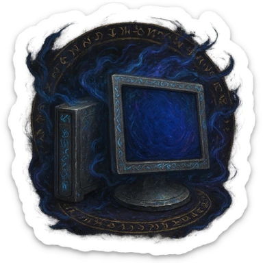 Create a variation of the Windows 'My Computer' icon as an Elden Ring incantation with a transparent background. Depict the computer as a mystical artifact, surrounded by swirling magical energy and ancient script, in a painterly dark fantasy style. 1080 x 1080 format. sticker