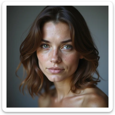 portrait of a white woman with freckles, shoulder-length brown hair, realistic style sticker