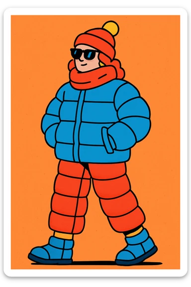 trendy padded fashion, modern illustration style, stylish winter outfit sticker