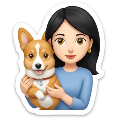 A black hair girl holding a corgi dog and a yellow dog sticker