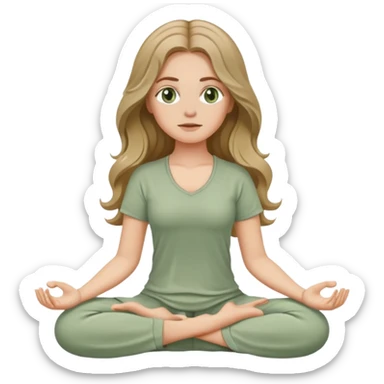 White girl, with long wavy dark blonde hair and hazel eyes, meditating wearing sage green sticker
