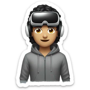 a guy with black hair, wearing a hoodie using a vr headset sticker