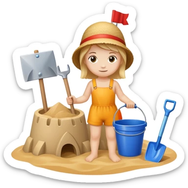 child with a bucket and shovel next to a sandcastle sticker