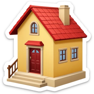 Front seight of a simple yellow house with a red roof, a simple door. Two steps before the door sticker