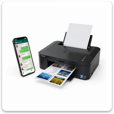 realistic thumbnail for a WhatsApp print out service, smartphone on the left with WhatsApp chat showing multiple file types, printer on the right printing out images and documents, white background sticker