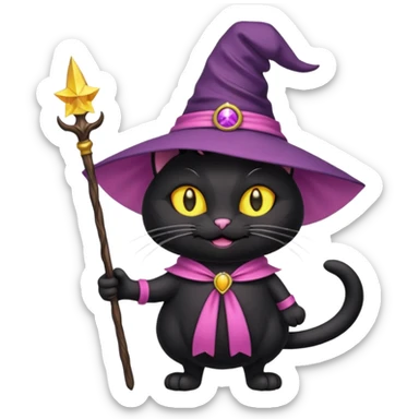 Gotito negro con ojos amarillo sonriendo feliz con los bigotes largos y disfraz de bruja de color rosa el disfraz con varita sticker