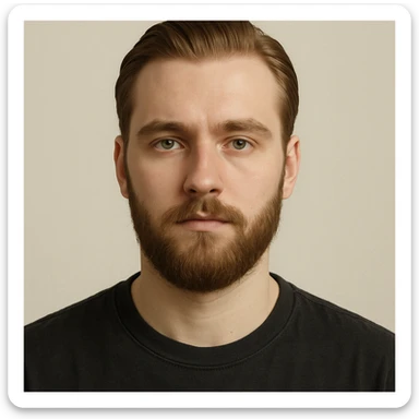 portrait of a young man with short light chestnut hair slicked back, medium-length thick beard, light green eyes, fair skin, oval face, neutral expression, wearing a dark t-shirt, plain light background, shoulder-up front view sticker
