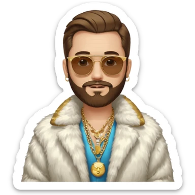 émoji blanc homme barbu, cheveux bruns collés au crane avec raie au milieu, grosses lunettes de soleil rectangulaires à grosse branches, gros bijoux en or (chaine, montre,) manteau de fourrure très fluffy sur les épaules sourire en coin, boucles d'oreilles sticker