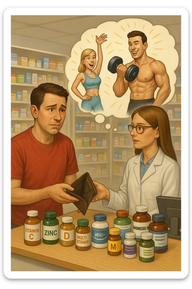 a man stands at a pharmacy counter, handing over a nearly empty wallet to the cashier while the counter is filled with bottles of supplements and vitamins. His expression is hopeful but slightly anxious. In the background, a thought bubble shows exaggerated images of instant health and fitness, symbolizing unrealistic expectations.  sticker