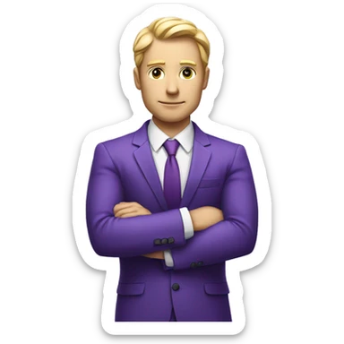 Business man in purple suit multimillionare, crossed arms, white skin sticker