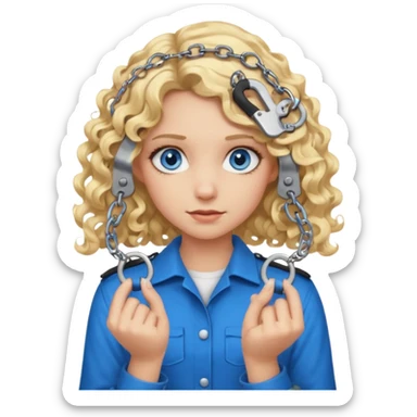 A girl with blond hair that curls at the end shoulder length and blue eyes who is breaking handcuffs sticker