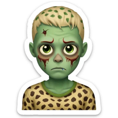Zombie boy with green skin and sleepy eyes and scars on his face and a shirt that has cheetah texture sticker