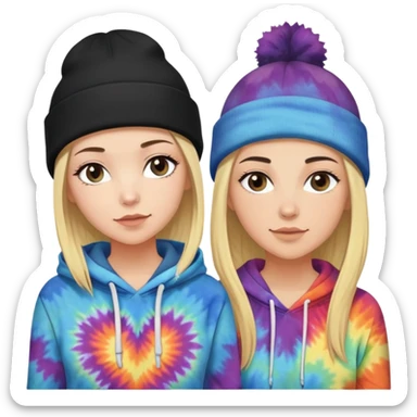 short haired white woman with brunette hair and a black beanie in love with a long haired blonde white woman with a black beanie on and tiedye hoodie sticker