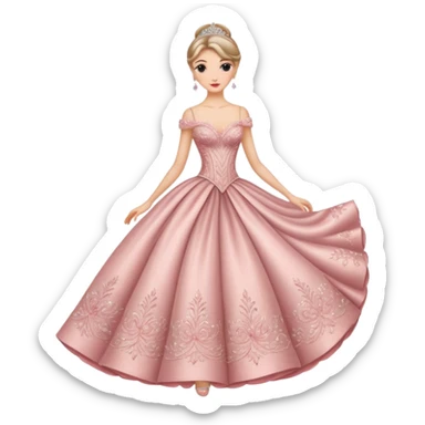 Cinematic Realistic Cinderella Portrait, depicted with lifelike skin texture, subtle rosy undertones, and soft natural lighting that enhances the gentle contours of her face. Her intricately detailed golden blonde hair is elegantly styled in an updo, with delicate wisps framing her face for added realism. Her deep, expressive blue eyes radiate warmth and sincerity, reflecting a quiet resilience and grace. She is dressed in her iconic ball gown, the fabric shimmering with intricate embroidery and fine translucent layers that catch the light beautifully. The soft sheen of satin gloves and the delicate sparkle of a glass-like slipper peeking from beneath her dress add a touch of magical realism. The portrait features an enchanting glow with a natural, luminous finish, seamlessly blending realism and fairytale charm to evoke a sense of depth, elegance, and timeless beauty. sticker