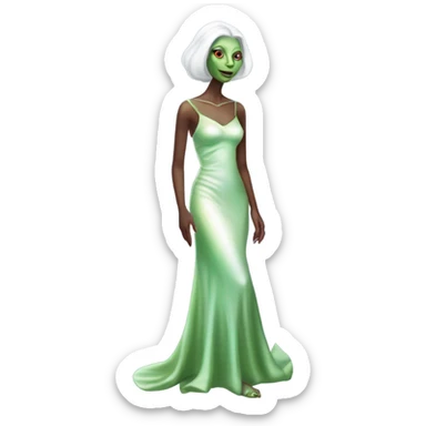 reptilian green alien woman, in( long slim pastel color:#FFFFFF formal party satin dress with gradient shiny sparkling color:#800000), full figure, full body sticker