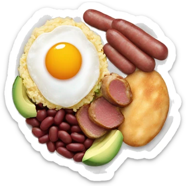 dish with red beans, fried egg, rice, avocado, sausage and fried pork belly sticker