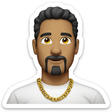 hispanic man with a goatee wearing a white shirt with a gold chain sticker