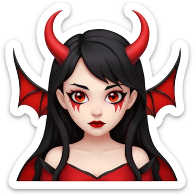 demon girl, skin red , black long hair, small horns, bat wing, black open-back dress, bold black outlines, red+black palette sticker
