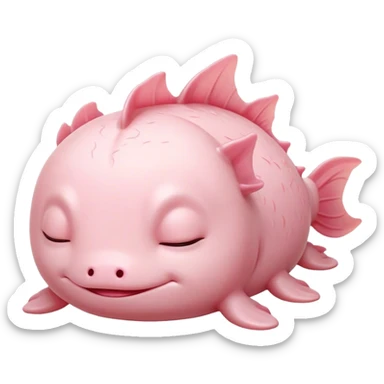 Meme-Worthy Cute Sleeping Axolotl Portrait Emoji, Head resting peacefully with a contented smile, showcasing a slender, graceful body with smooth, pale pink skin and gently drooping feathery gills, eyes shut in a serene nap, Simplified yet hilariously adorable features, highly detailed, glowing with a soft, drowsy light, high shine, relaxed and utterly lovable, stylized with an air of playful laziness, bright and heartwarming, soft glowing outline, capturing the essence of a comically sleepy aquatic friend, so meme-worthy it feels like it could instantly become the next viral sensation of adorable slumber! sticker