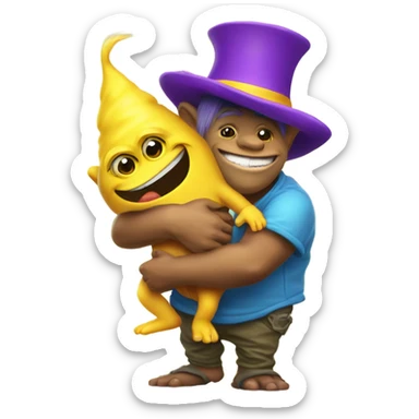 Flamboyant little troll with big part hugging a minion sticker