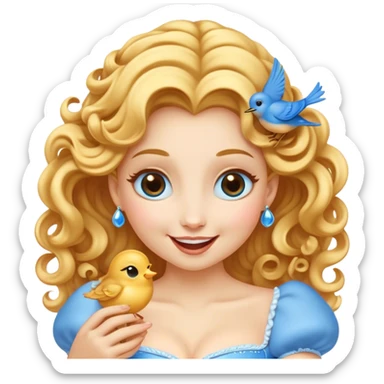 Cinematic Adorable Cinderella Portrait Emoji, Giggling softly while holding a tiny bluebird, golden curls bouncing, eyes sparkling with joy, wrapped in a soft golden glow, exuding warmth and charm, an irresistible blend of beauty and playfulness! sticker