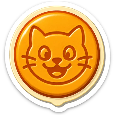 retro sticker style icon of a dalgona candy with a playful and bold cat face pressed in the center sticker