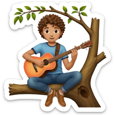 a young curly haired dude,sitting on a tree branch playing guitar holding a peach sticker