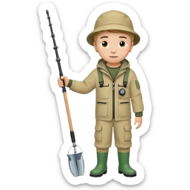 Boy in fishing suit looking at his wristwatch sticker